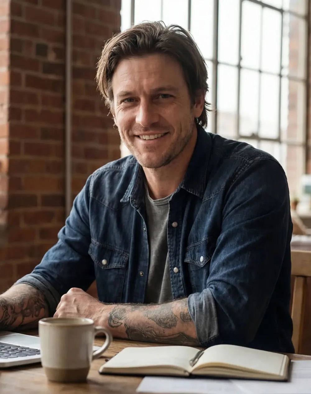 Smiling man writing in a journal with a cup of coffee