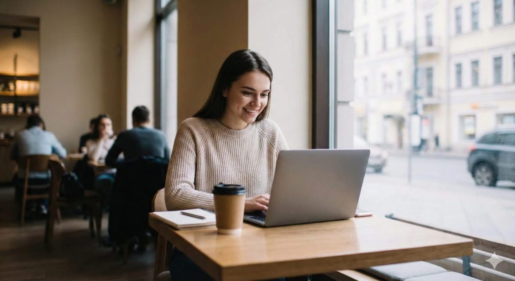 sober-woman-enjoying-coffee-working-on-her-laptop-in-cafe-relapse prevention-alcoholics-anonymous-evidence-based-12-step-programs-support-network