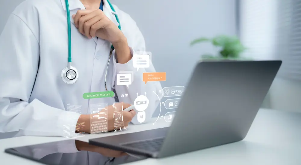 A doctor in a white coat sits at a laptop reviewing digital charts, with floating holographic graphics of an AI clinical assistant and medical icons representing the comprehensive medical evaluation required for medication-assisted treatment.